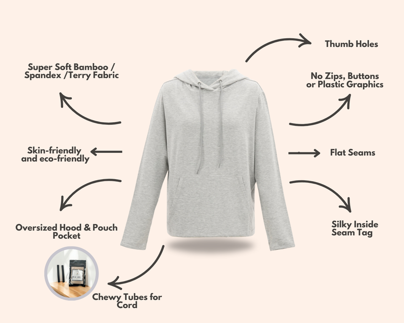 Adult Grey Marle Hoodie from Comfort on the Spectrum with attached Sensory features. 