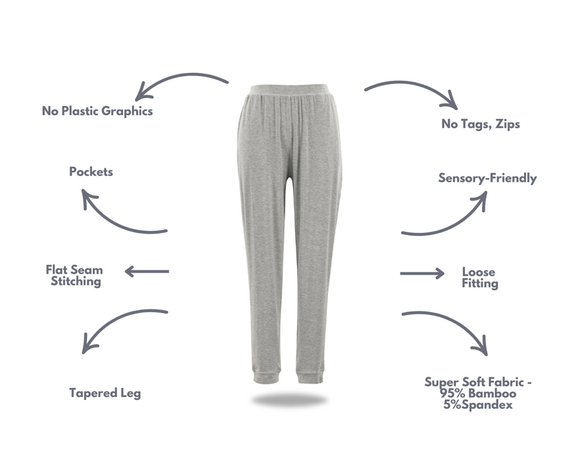 Adult Long Grey Marle Lounge Pants from Comfort on the Spectrum with attached Sensory features. 