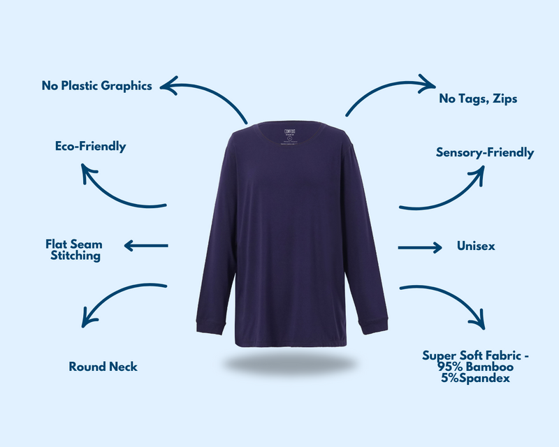 Adult Navy Long Sleeve Tops  from Comfort on the Spectrum with attached sensory features. 