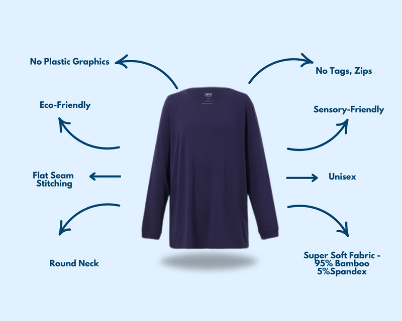 Adult Navy Long Sleeve Tops from Comfort on the Spectrum with attached sensory features.