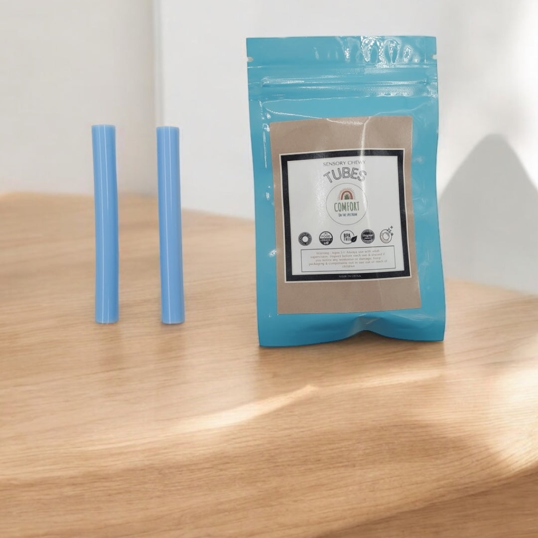 Cyan Chewy Tubes named BLUE RASBERRY from Comfort on the Spectrum for Sensory Hoodies. 