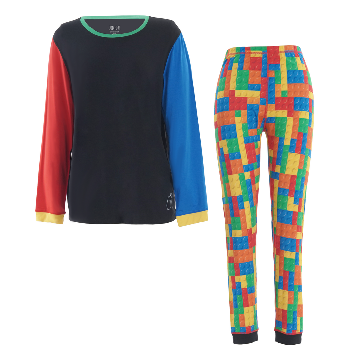 A two-piece children's pajama set featuring a long-sleeve top with a black body, red and blue sleeves, and yellow cuffs, paired with matching multicolor geometric block-print pants on a white background.