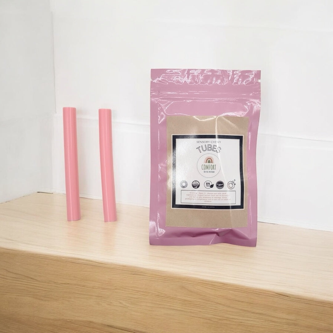 A pink chewy tubes named Bubble Gum Chewy Tubes from Comfort on the Spectrum for the Sensory Hoodies.