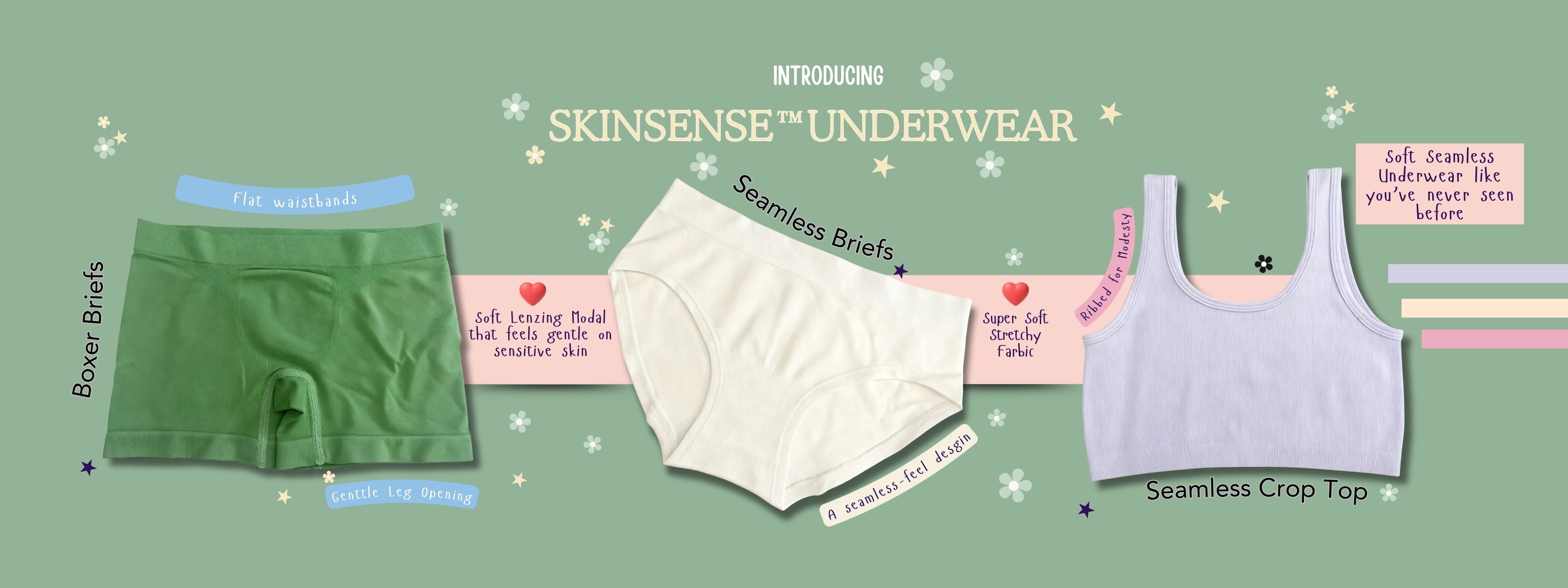 Infographic introducing SkinSense Underwear: Boxer Briefs, Seamless Briefs, and Crop Top features flat waistbands, gentle leg opening, super soft stretch, and no seams or tags for sensitive skin.