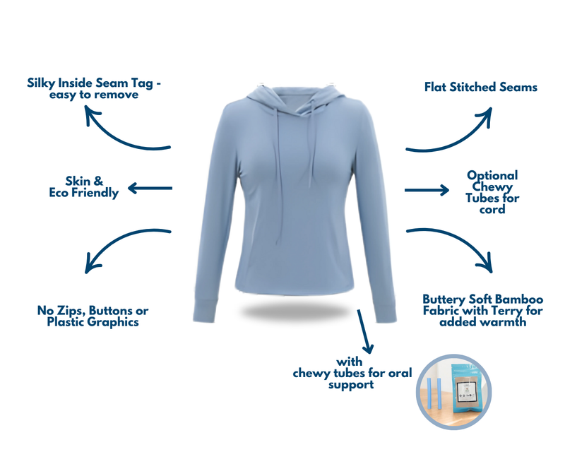 Kids Skye Hoodie from Comfort on the Spectrum with attached sensory features. 