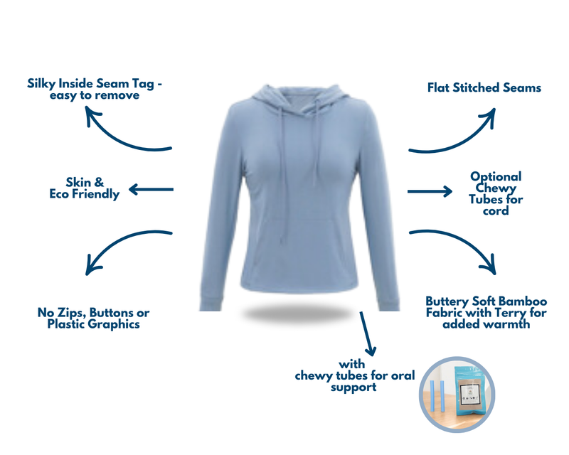 Kids Skye Sensory Hoodie from Comfort on the Spectrum with attached Sensory features. 