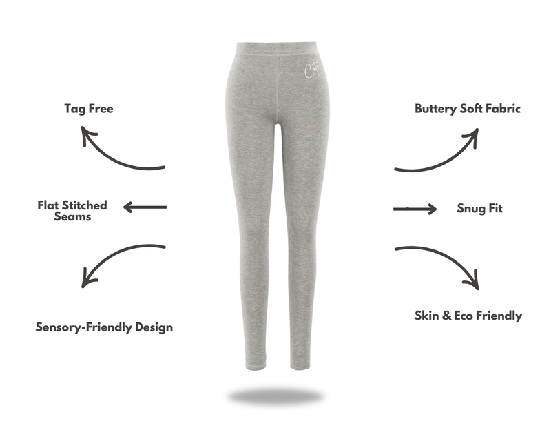 Kids Grey Marle Leggings from Comfort on the Spectrum with attached sensory features.