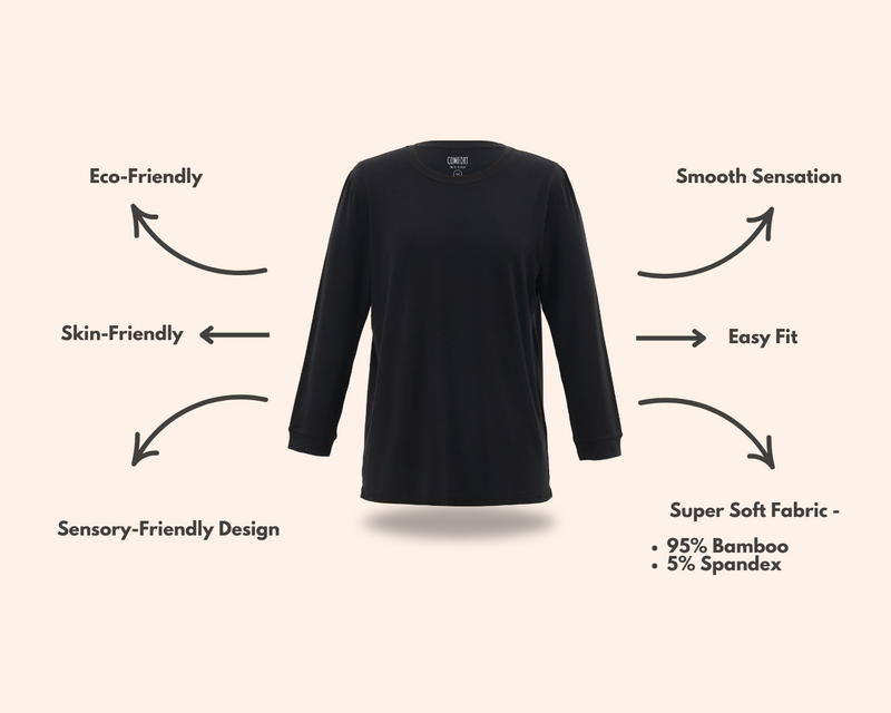 Kids Midnight Long Sleeve Tops from Comfort on the Spectrum with attached sensory features.