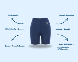 Kids Navy Snug Short from Comfort on the Spectrum with attached Sensory features. 