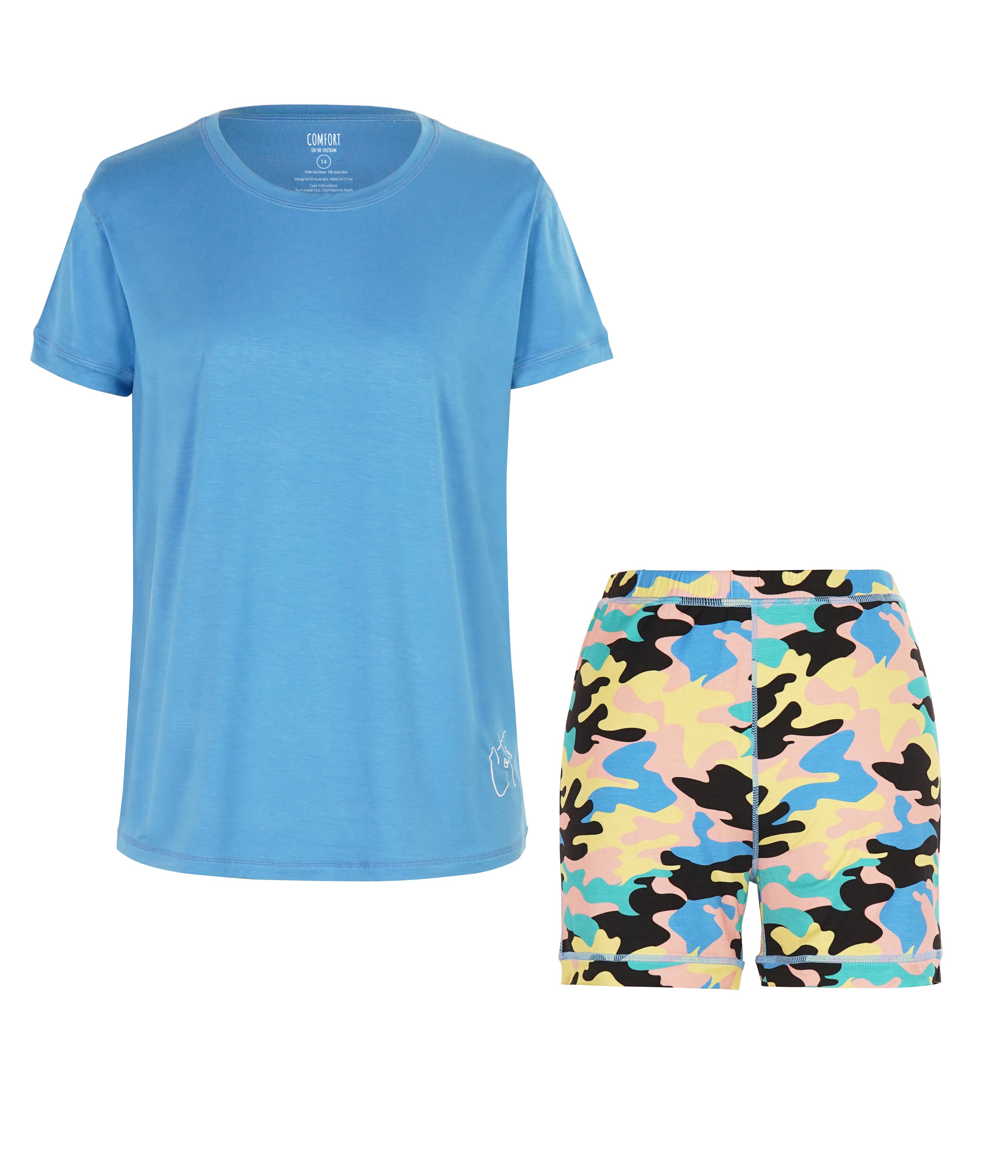 Product Image of Camo Kids Short Sets Pyjamas from Comfort on the Spectrum - perfect for sensitive kids.