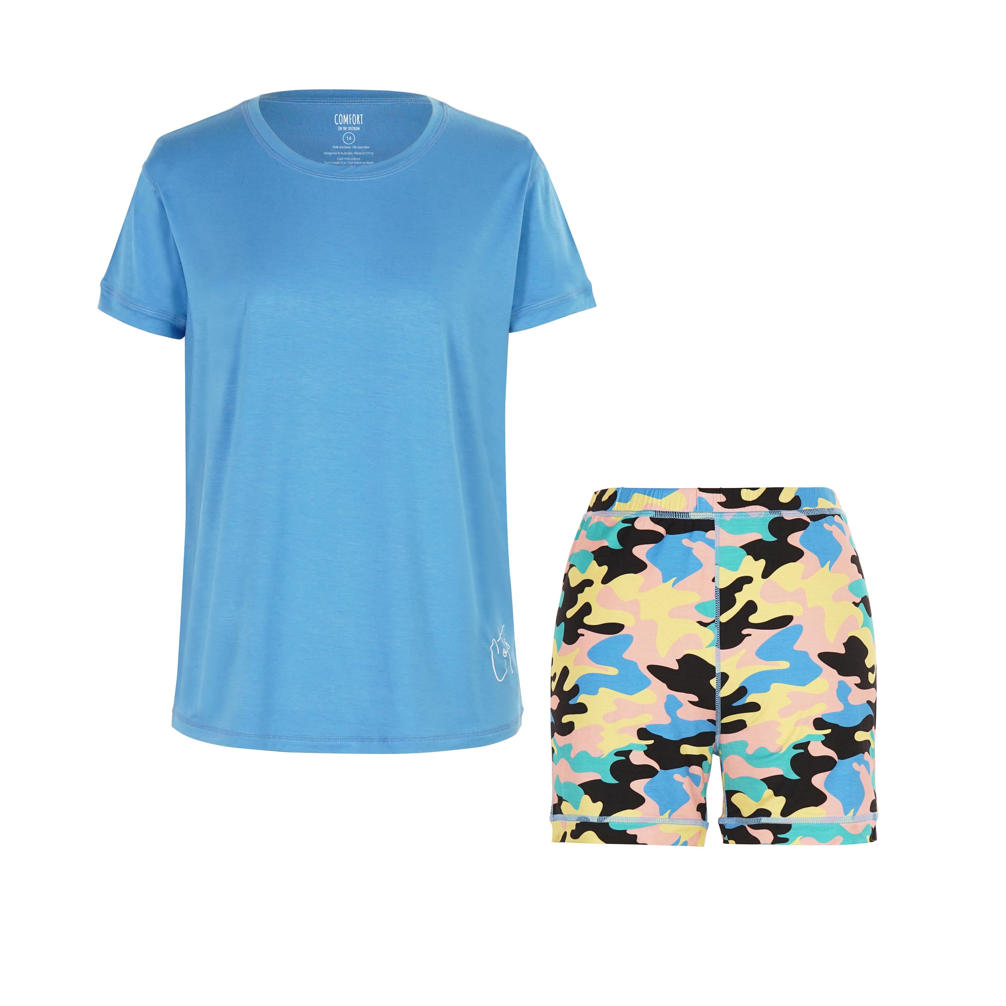 Product Image of Camo Kids Short Sets Pyjamas from Comfort on the Spectrum - perfect for sensitive kids.