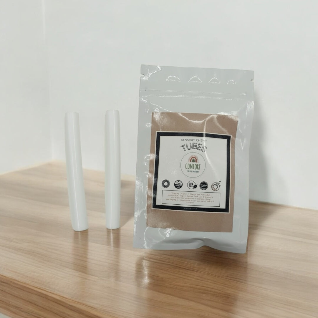 White Chewy Tubes named Marshmellow from Comfort on the Spectrum for the Sensory Hoodies.