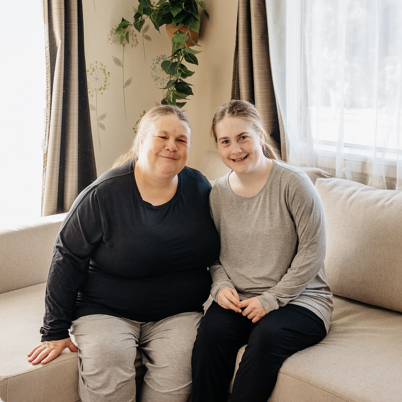 Midnight and Grey Marle Basic Long Sleeve Tops and  women lounge pants from Comfort on the Spectrum were worn by two ladies.