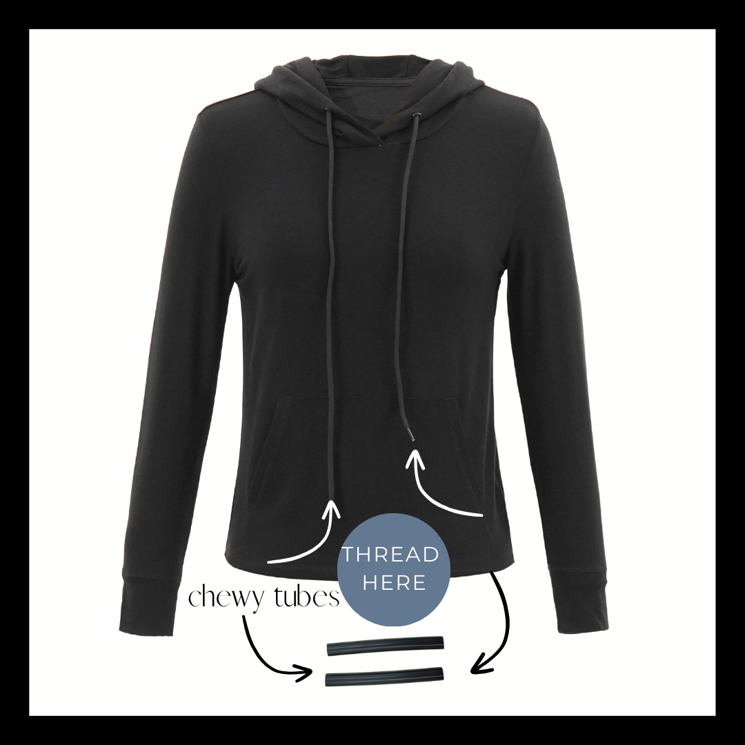 Product image of a black Sensory Hoodie from Comfort on the Spectrum with the chewy tubes attached.