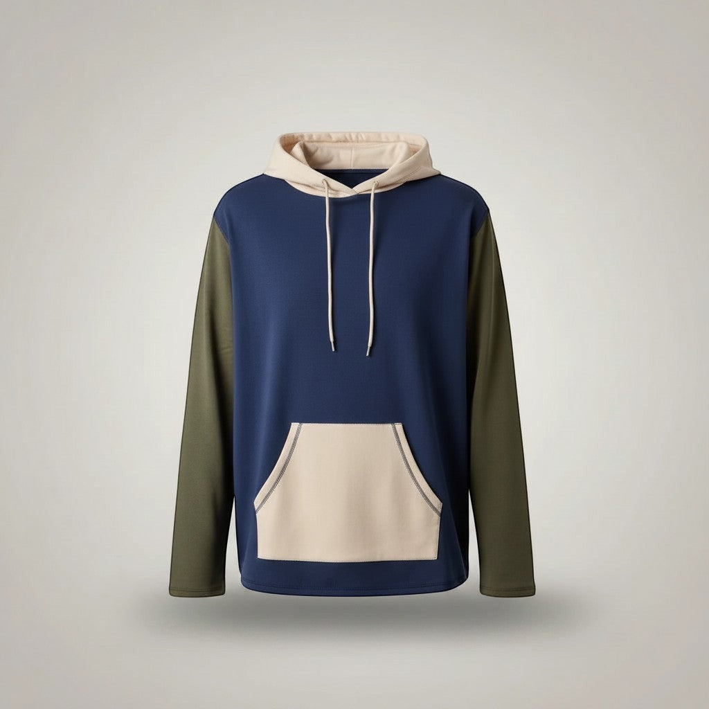 Comfort on the Spectrum Adult Sensory-Friendly Hoodie in navy, olive green, and beige. Bamboo-cotton blend with oversized hood and pouch pocket.
