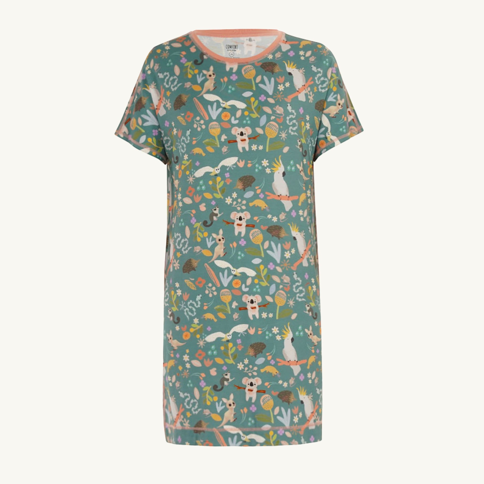 Comfort on the Spectrum adult nightdress in bamboo/spandex with a playful Australian flora and fauna print. Loose fit, short sleeves.
