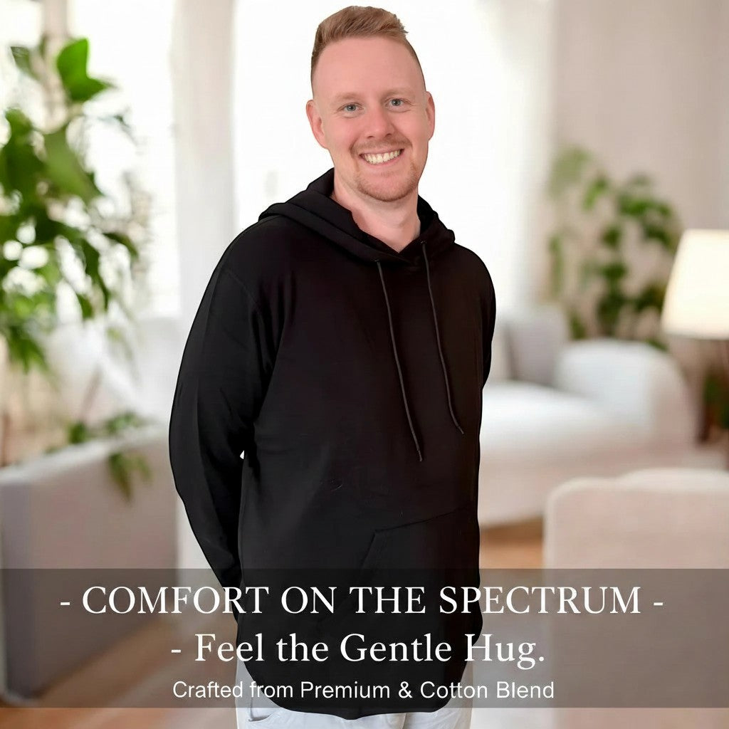 Comfort on the Spectrum adult sensory-friendly black bamboo-cotton blend hoodie with oversized hood and pouch pocket.