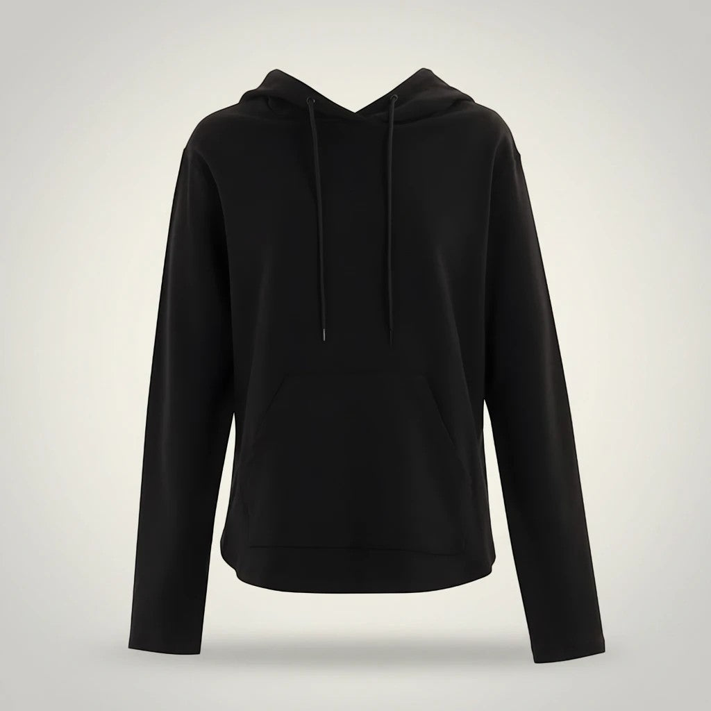 Comfort on the Spectrum black bamboo-cotton blend adult sensory-friendly hoodie with oversized hood and pouch pocket.