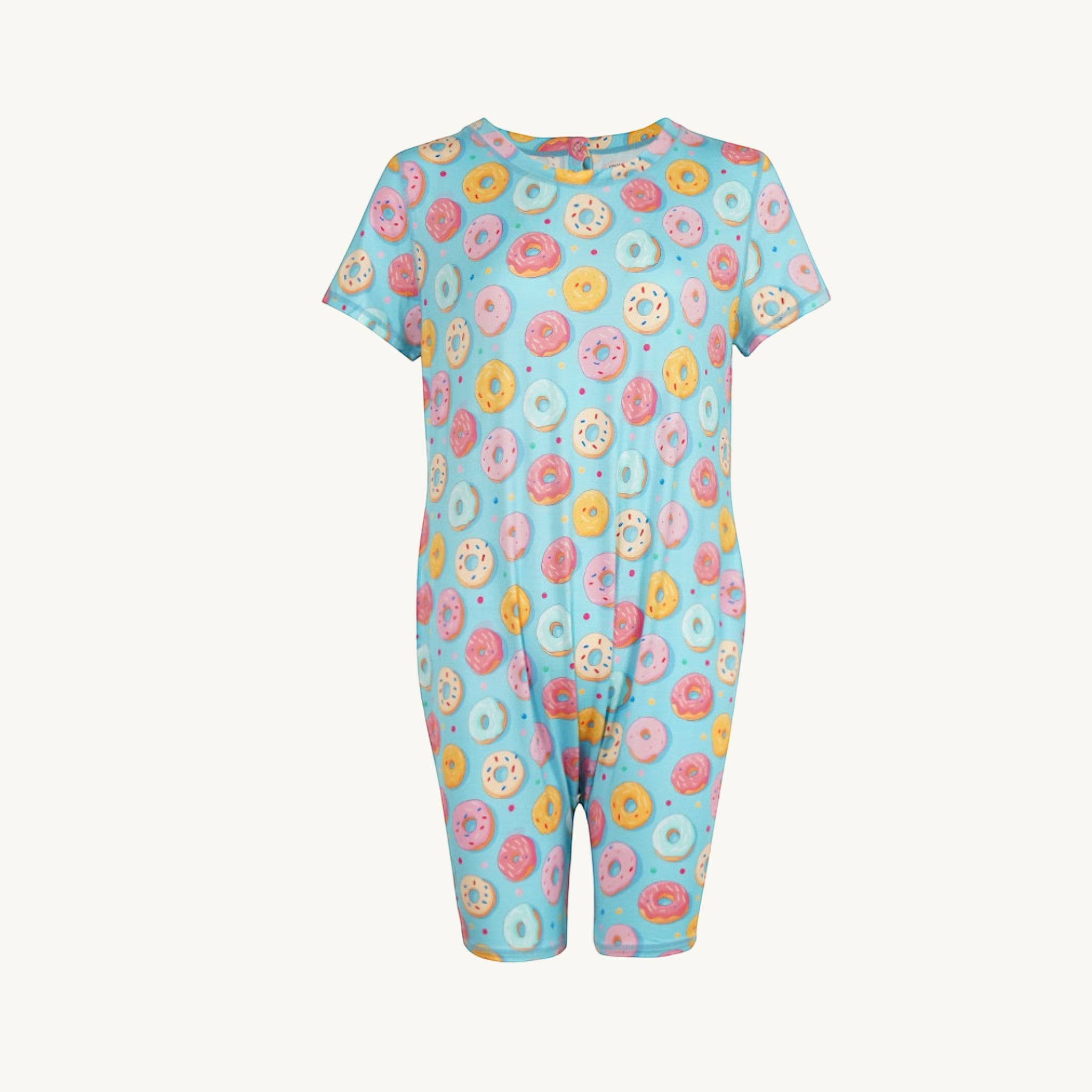 Comfort on the Spectrum blue short-sleeve playsuit with all-over donut print, made from soft bamboo blend fabric.