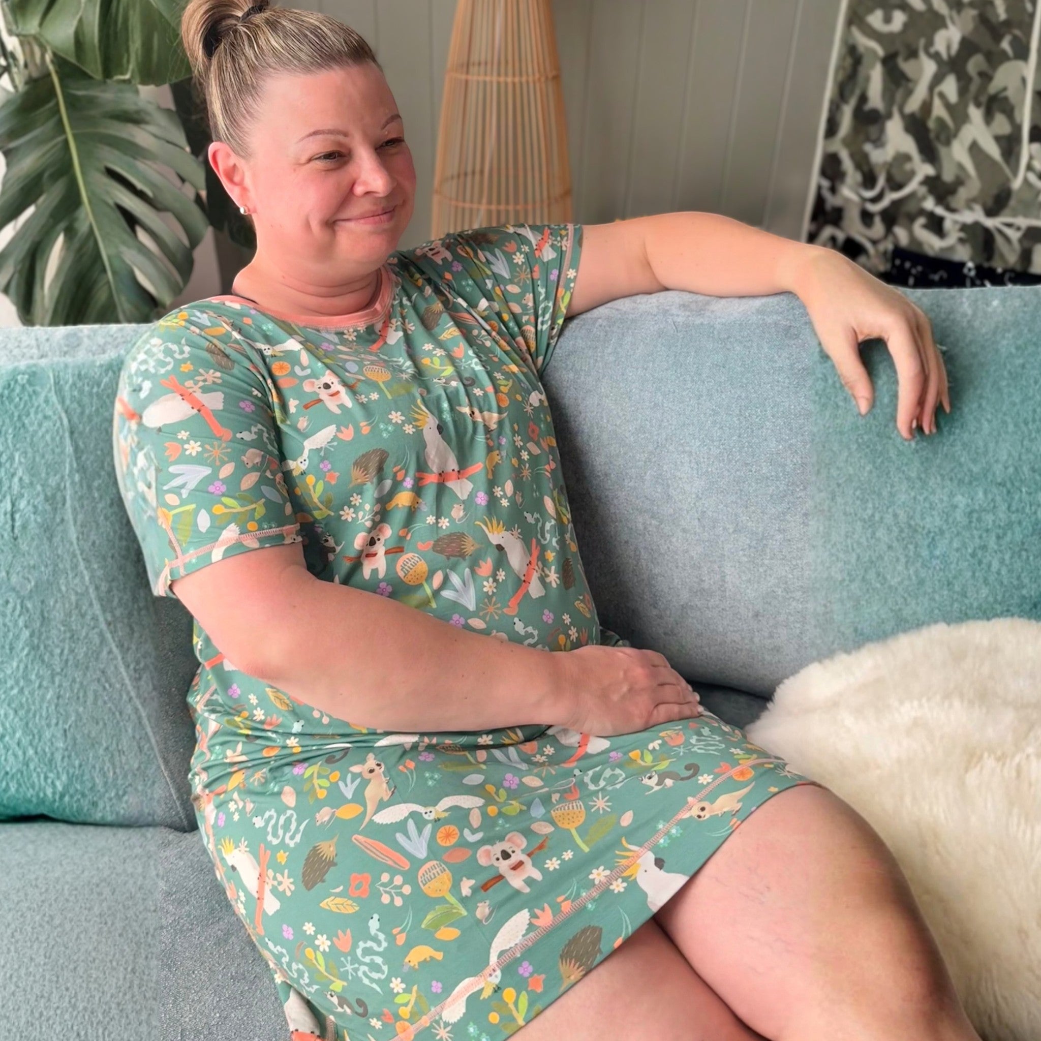 Comfort on the Spectrum green bamboo blend nightdress with Australian flora print. Loose fit, short sleeves, flat seams, no tags.
