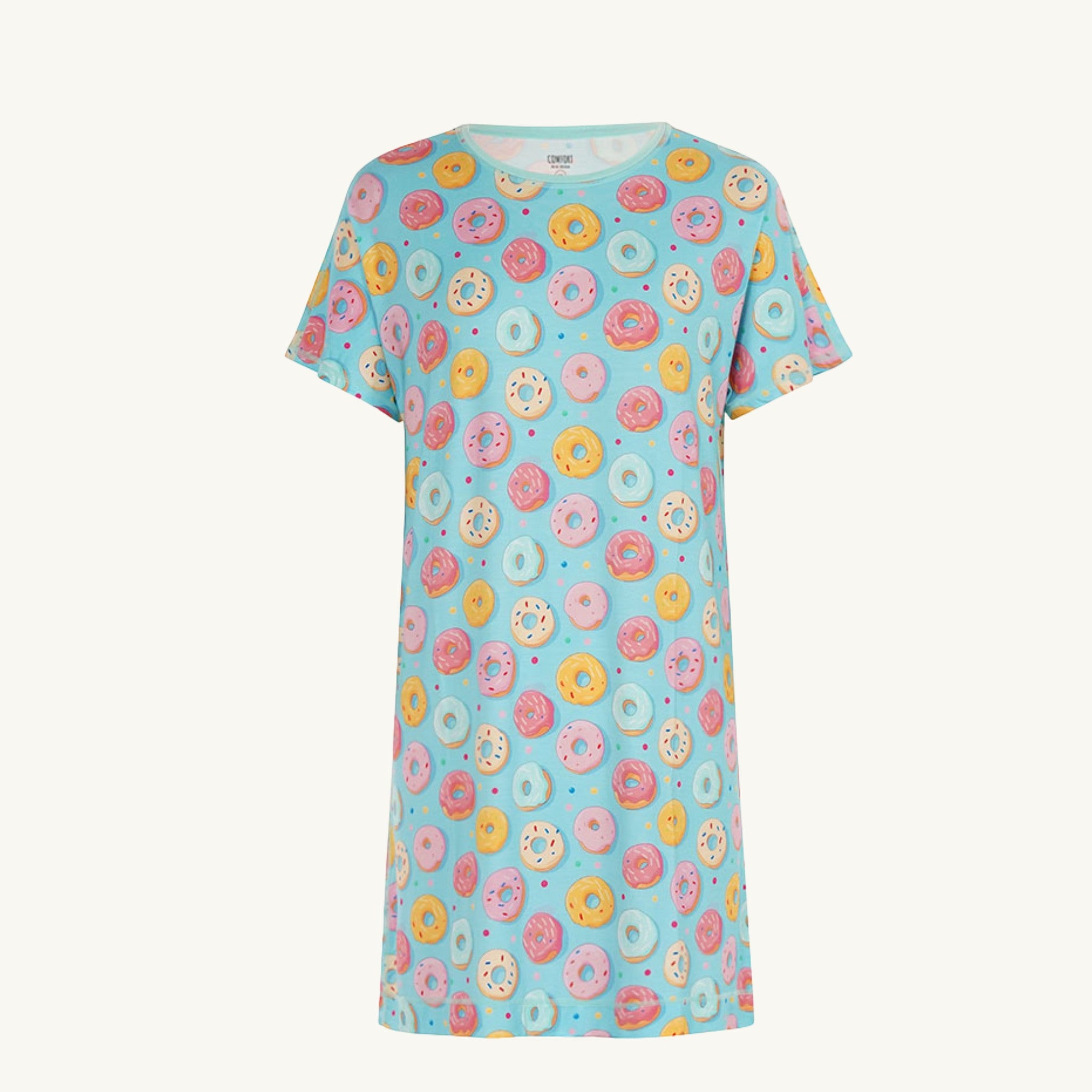 Comfort on the Spectrum kids light blue short-sleeve nightdress with all-over donut print. Bamboo blend.