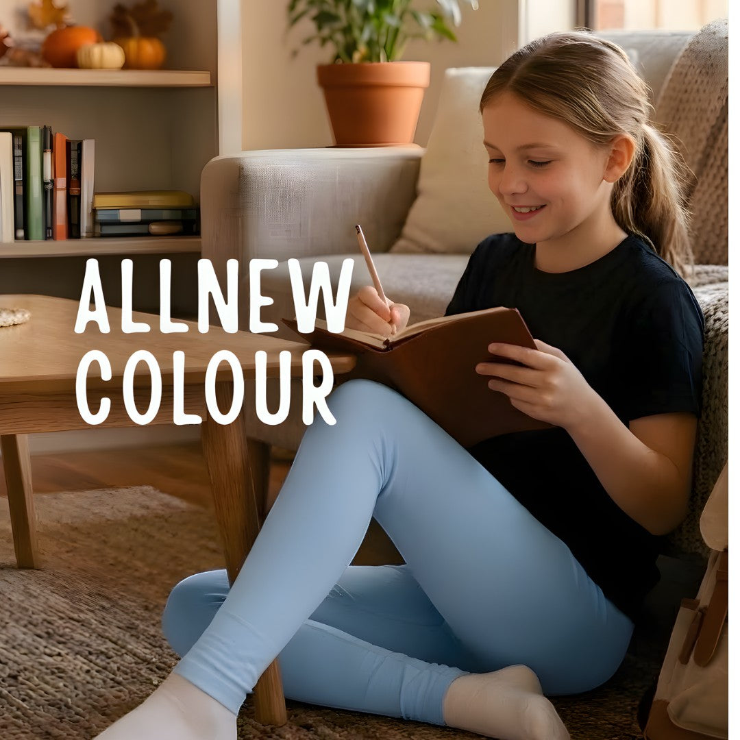 Comfort on the Spectrum light blue bamboo blend kids leggings with flat seams and smooth waistband.