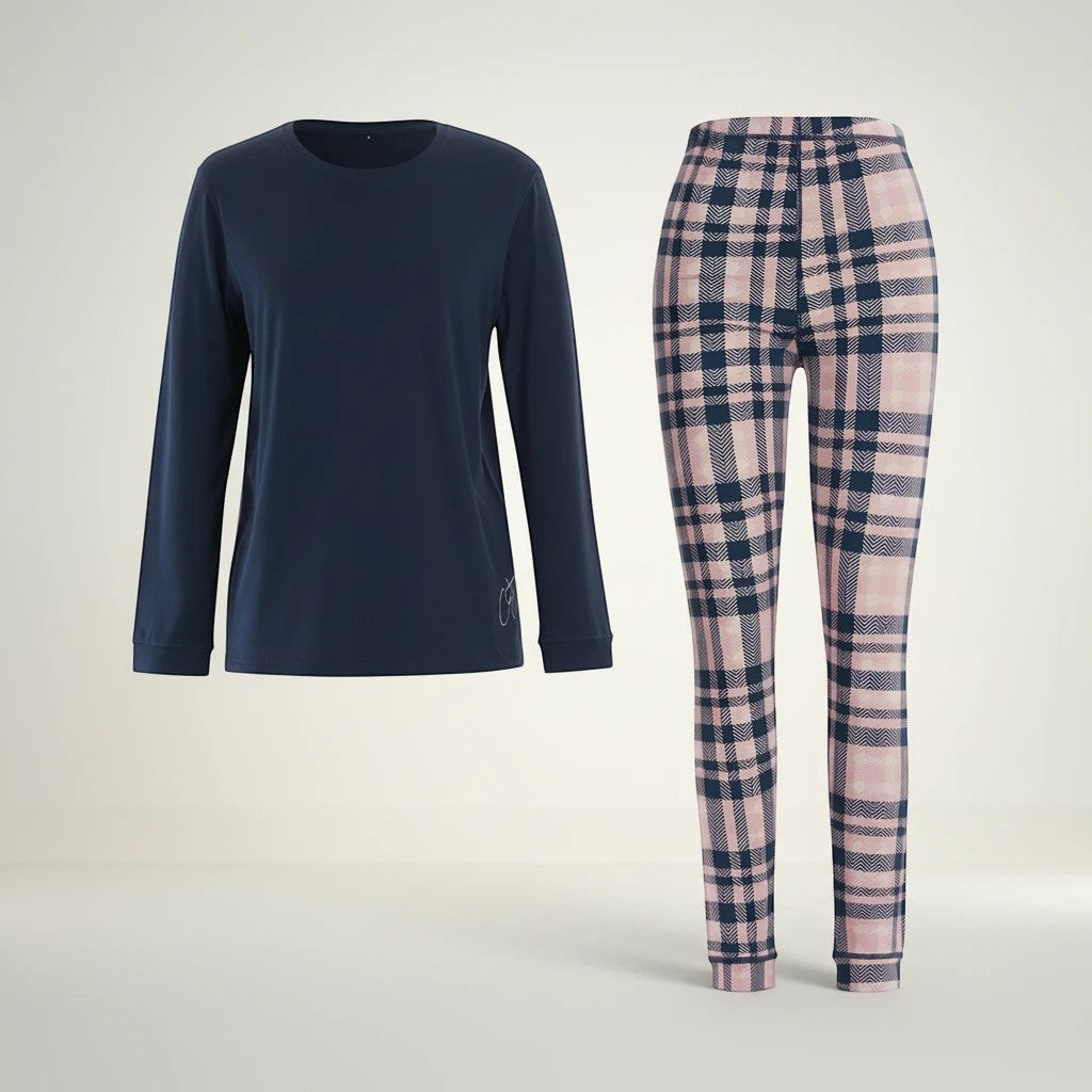 Comfort on the Spectrum Kids Long Set in Peony Plaid. Navy long sleeve top and pink plaid pants made from soft bamboo fabric.