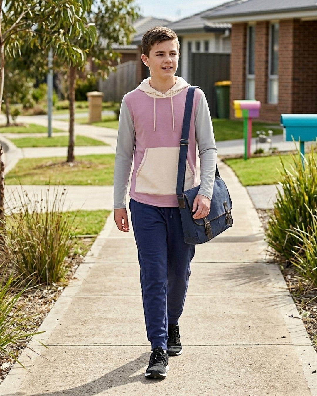 Comfort on the Spectrum kids sensory-friendly hoodie in peony pink with cream and grey sleeves, featuring a pouch pocket.