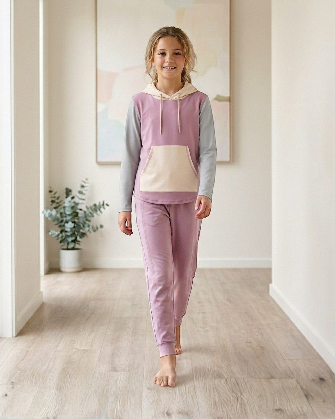 Comfort on the Spectrum girls' peony pink, grey, and cream colorblock hoodie with pouch pocket. Bamboo-cotton blend.
