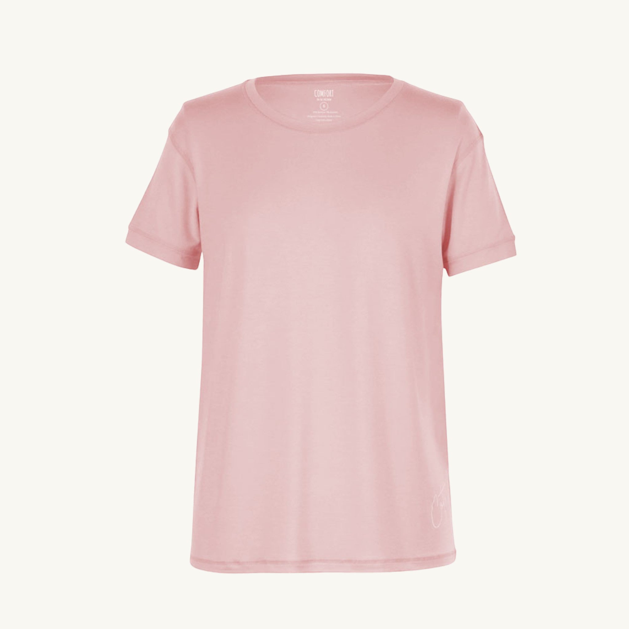 Comfort on the Spectrum kids sensory-friendly t-shirt in soft pink bamboo fabric with flat seams and no tags.