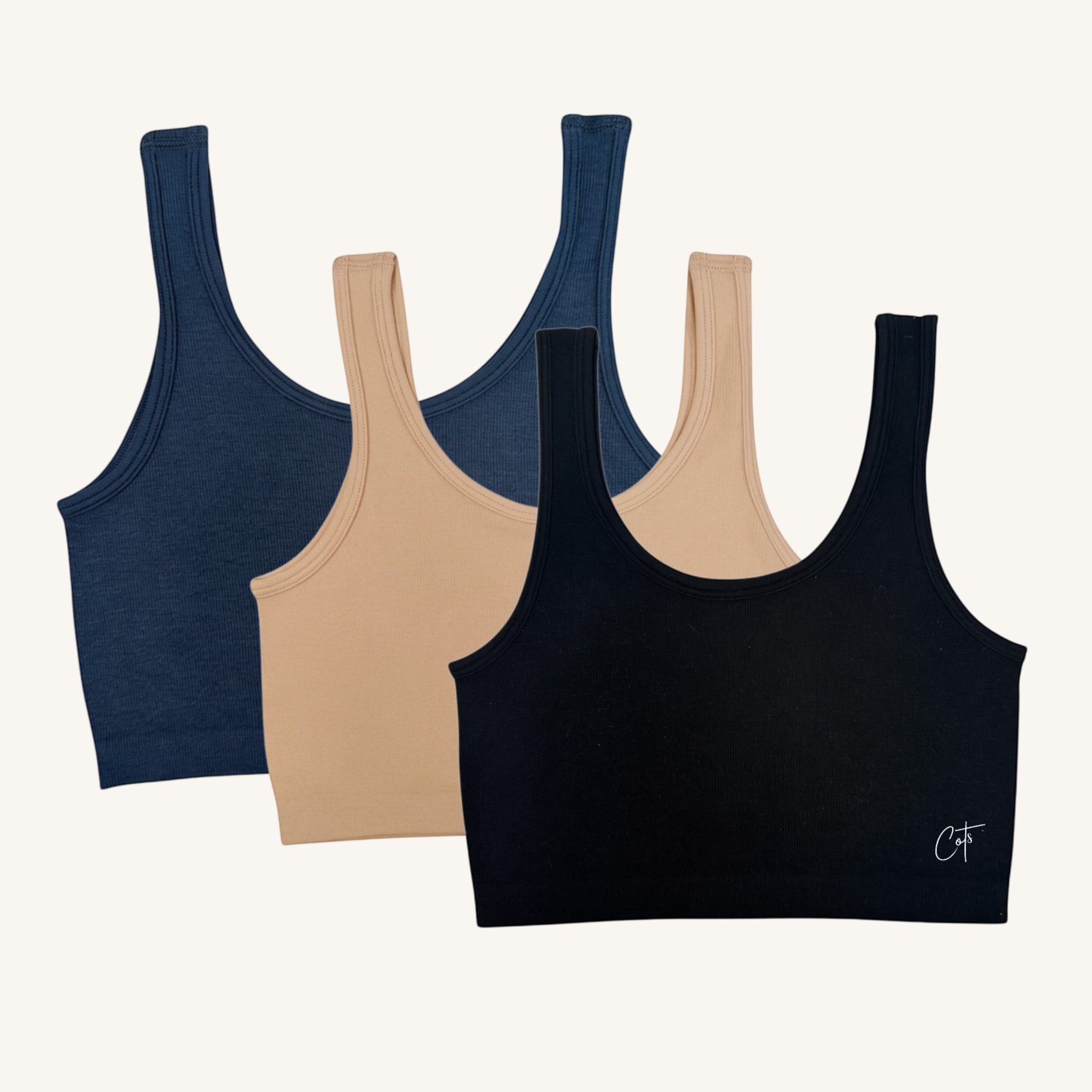 Comfort on the Spectrum Kids SkinSense™ Seamless Crop Top 3-pack in navy, nude, and black. Soft, breathable Lenzing™ Modal fabric.