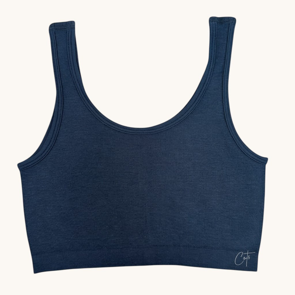 Comfort on the Spectrum Kids SkinSense™ Seamless Crop Top in navy blue, made from soft Lenzing™ Modal fabric. Tag-free, seamless design with a wide comfort band.