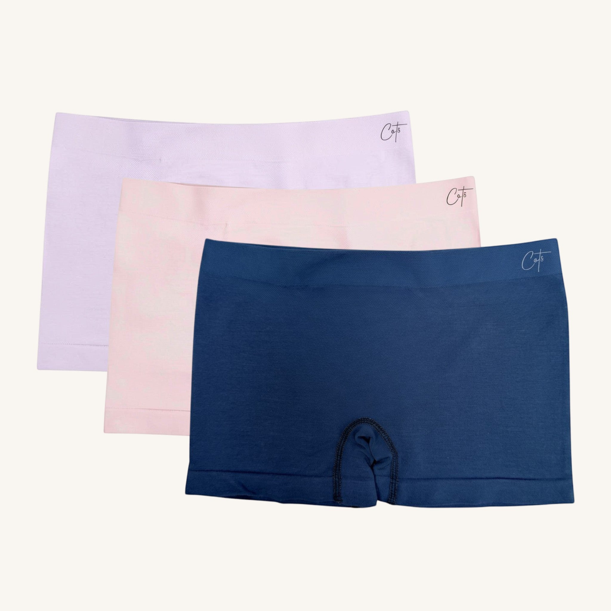 Comfort on the Spectrum Kids SkinSense™ seamless shorty briefs in petal, lilac, and ink. Made from soft, breathable Lenzing™ Modal fabric.