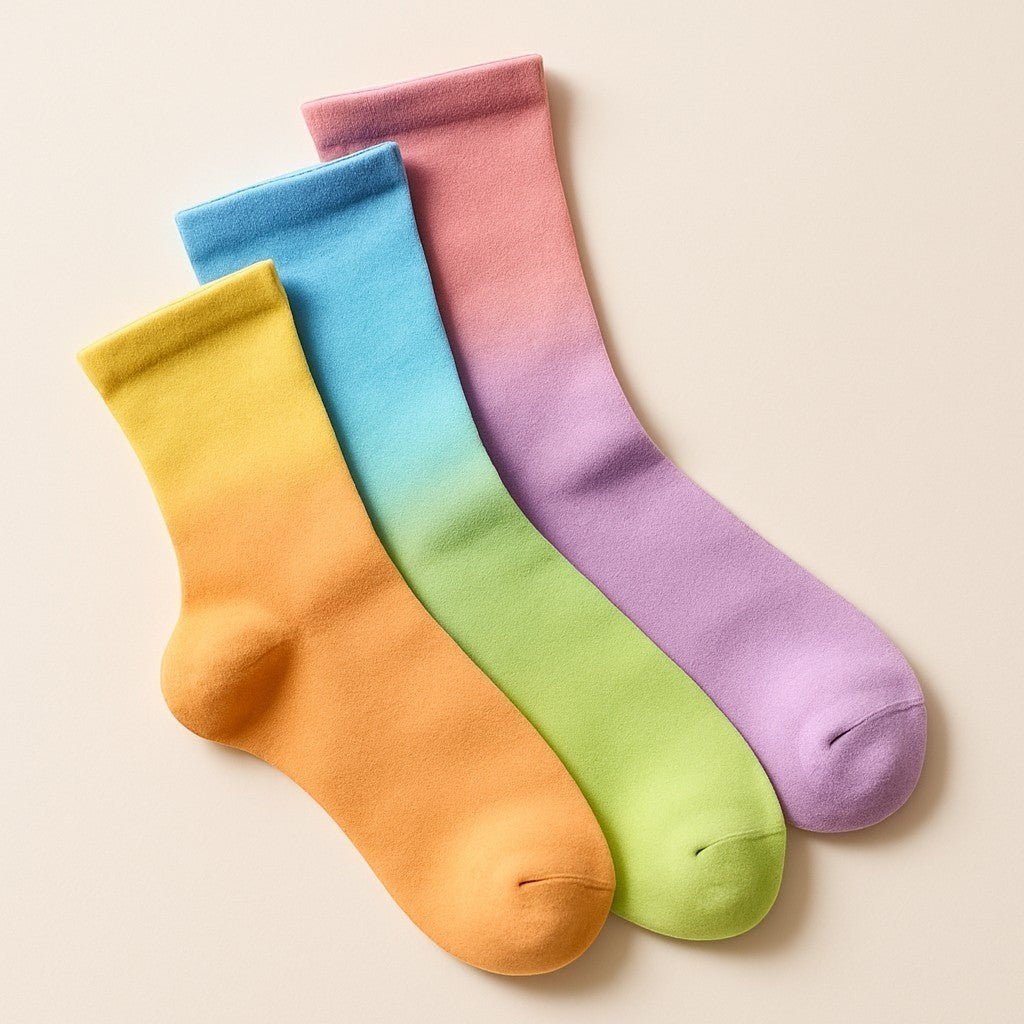 Comfort on the Spectrum Kids Sweet Step sensory socks, 3 pack, featuring ombre colors: yellow to orange, blue to green, and pink to purple. Bamboo blend.