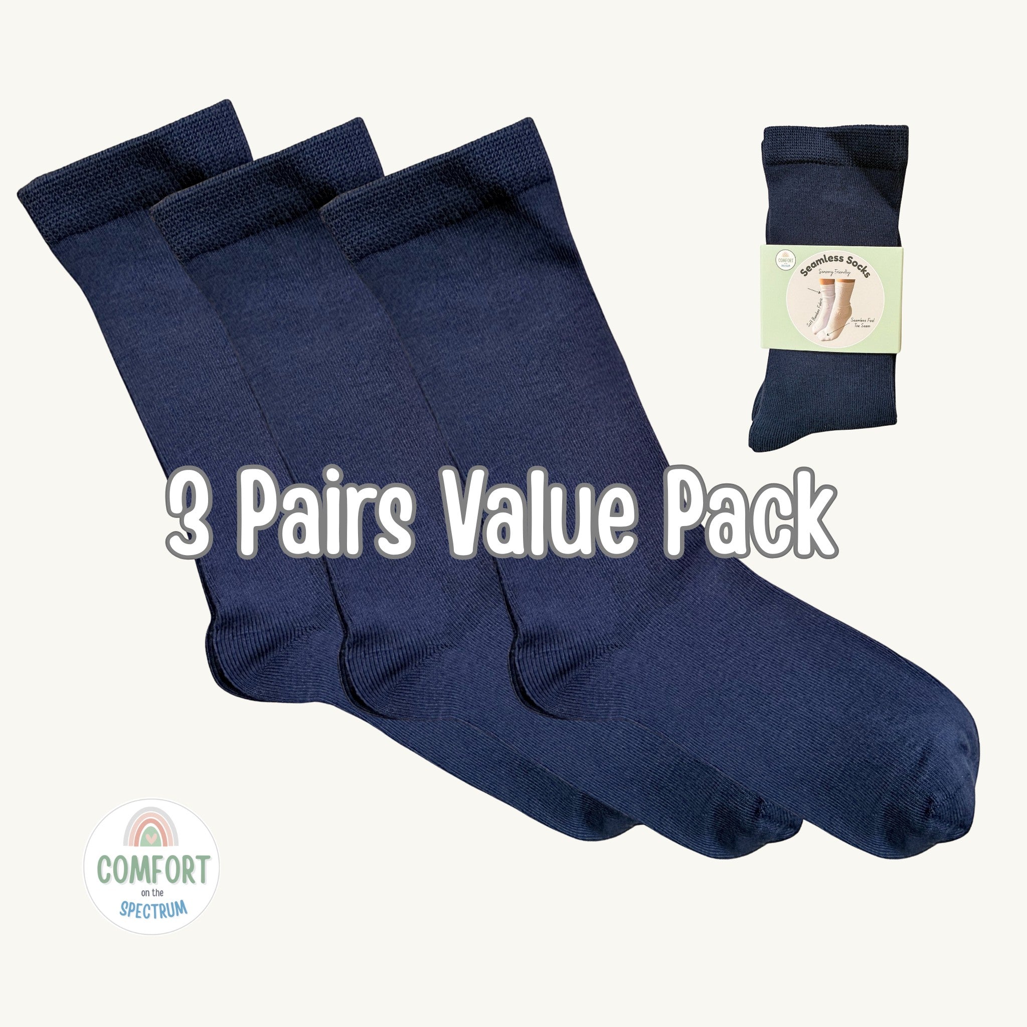 Comfort on the Spectrum Kids Classic Soothe Step™ Sensory Socks - Navy. Seamless, bamboo blend, mid-length socks for sensitive feet.
