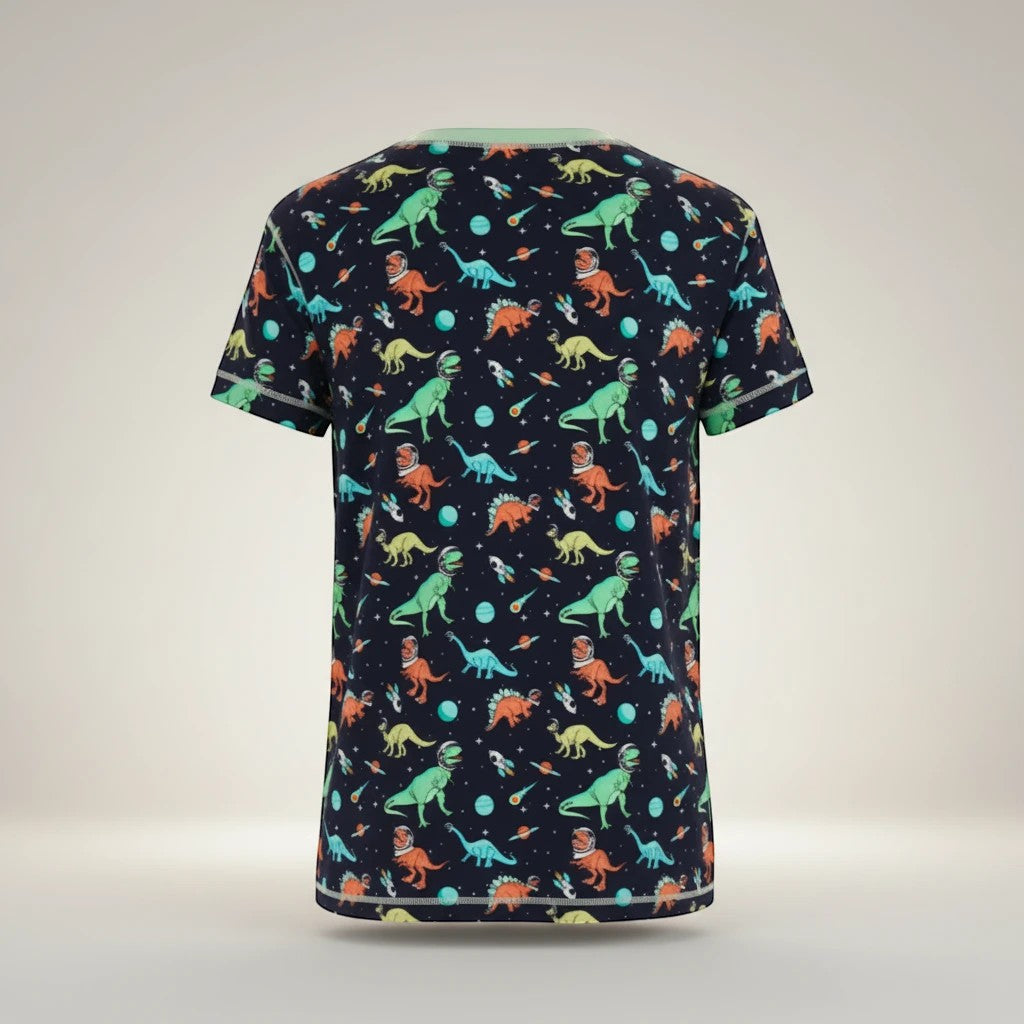 Comfort on the Spectrum navy t-shirt with all-over print of dinosaurs in space, rockets, and planets. Made from bamboo blend.