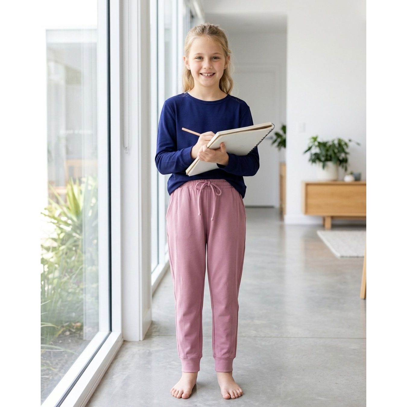 Comfort on the Spectrum peony pink bamboo-cotton blend tracksuit pants for kids, featuring a drawstring waist and flat seams.