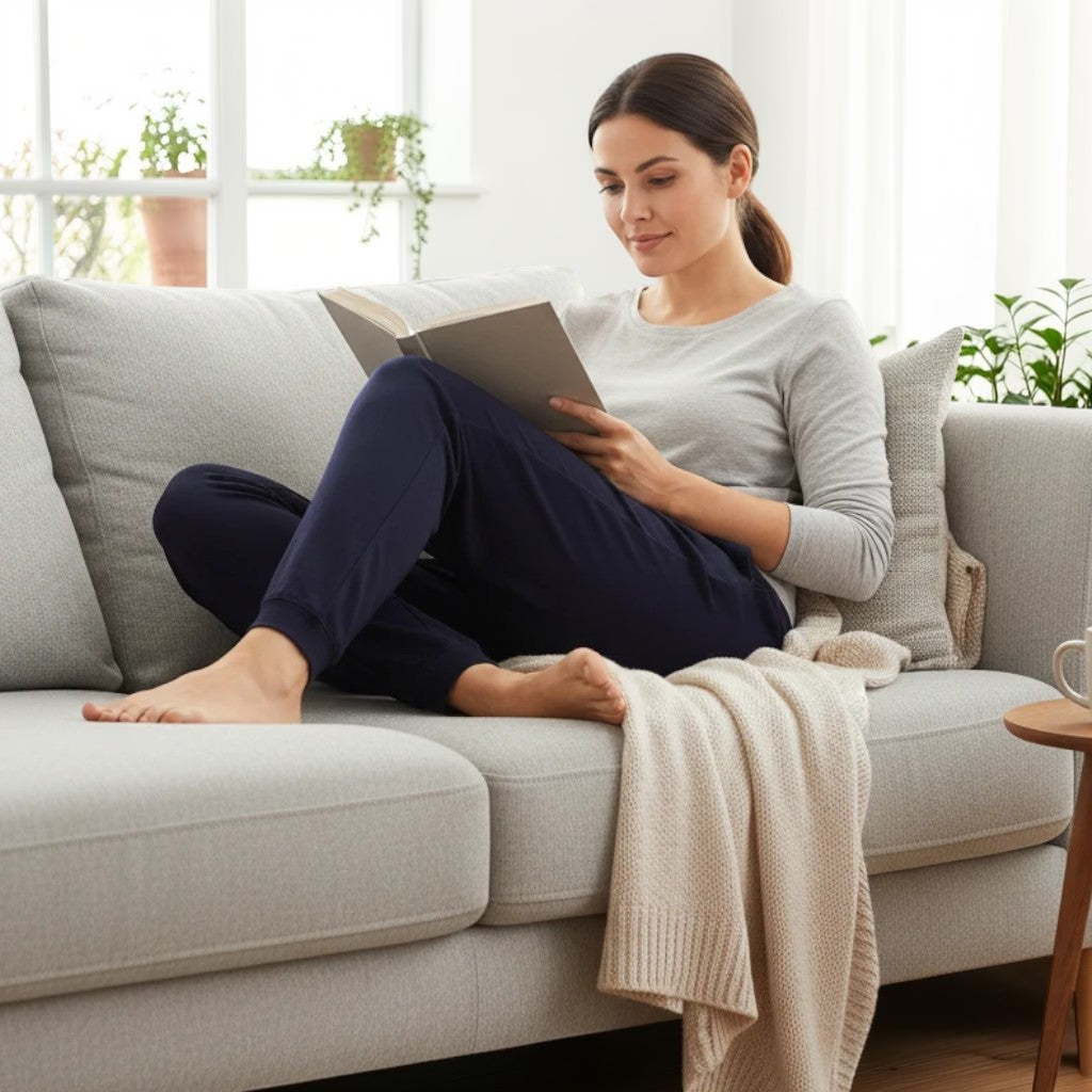 Comfort on the Spectrum navy bamboo lounge pants with tapered leg and pockets, worn by a woman reading on a couch.