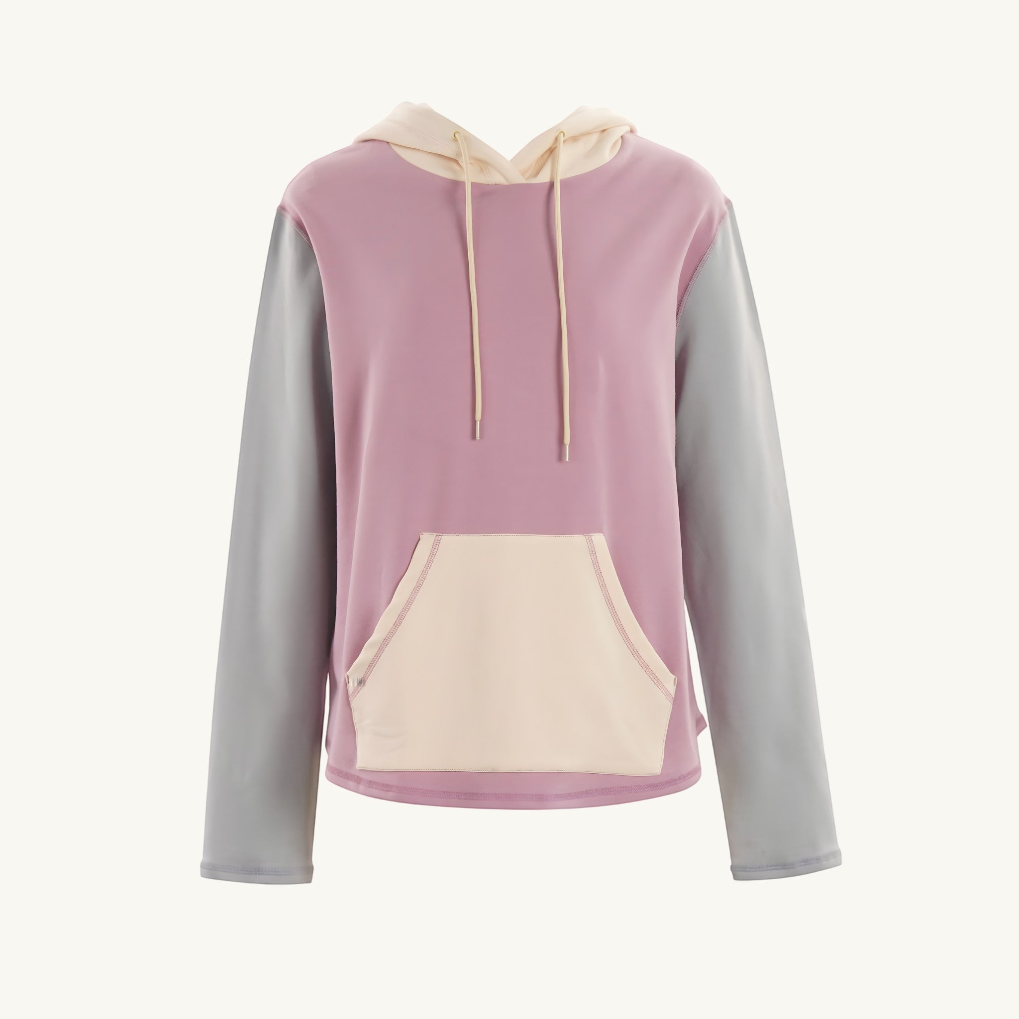 Comfort on the Spectrum adult sensory-friendly hoodie in peony pink with grey sleeves and cream pocket. Bamboo-cotton blend.