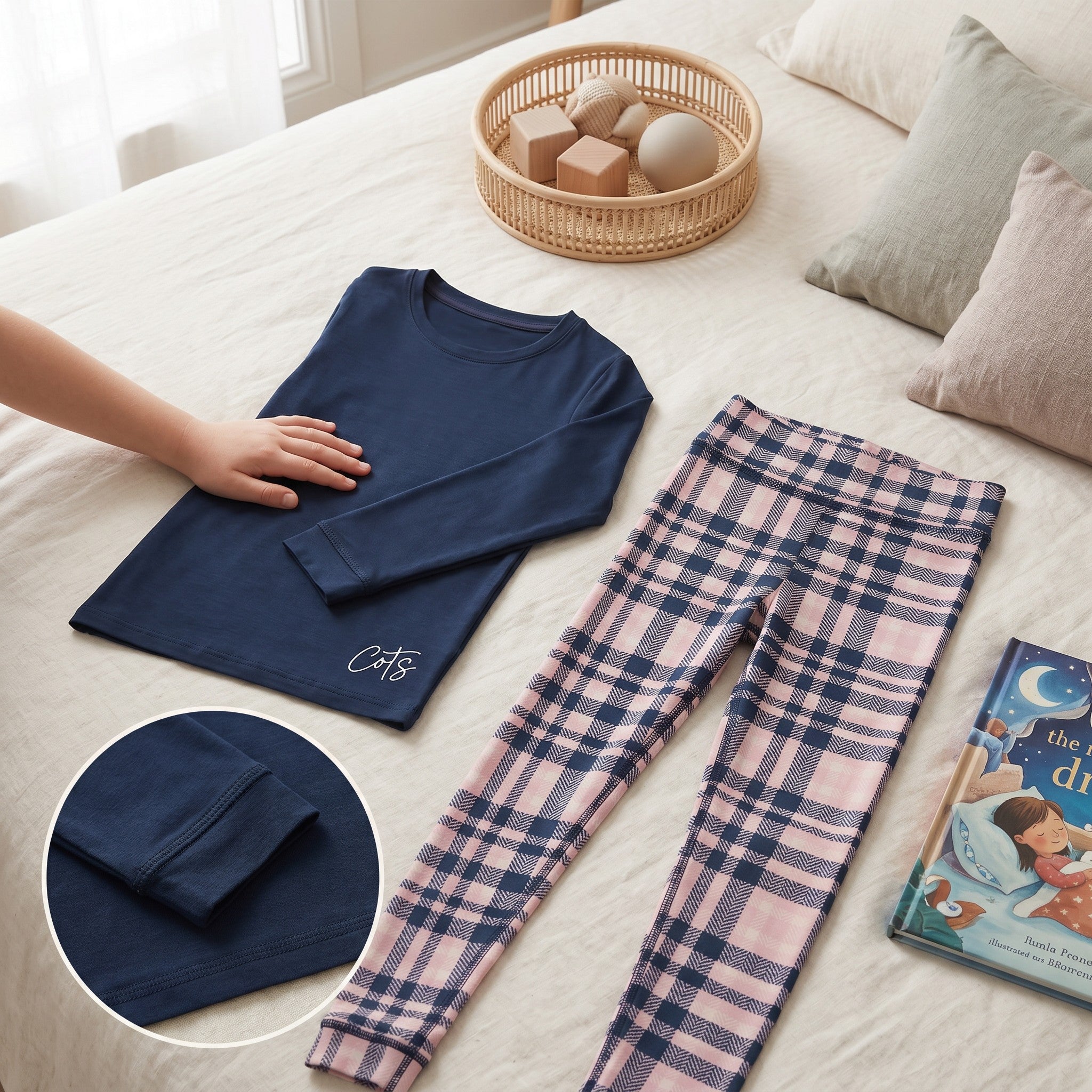 Comfort on the Spectrum navy long sleeve top and pink plaid leggings. Bamboo fabric, tag-free, flat seams.