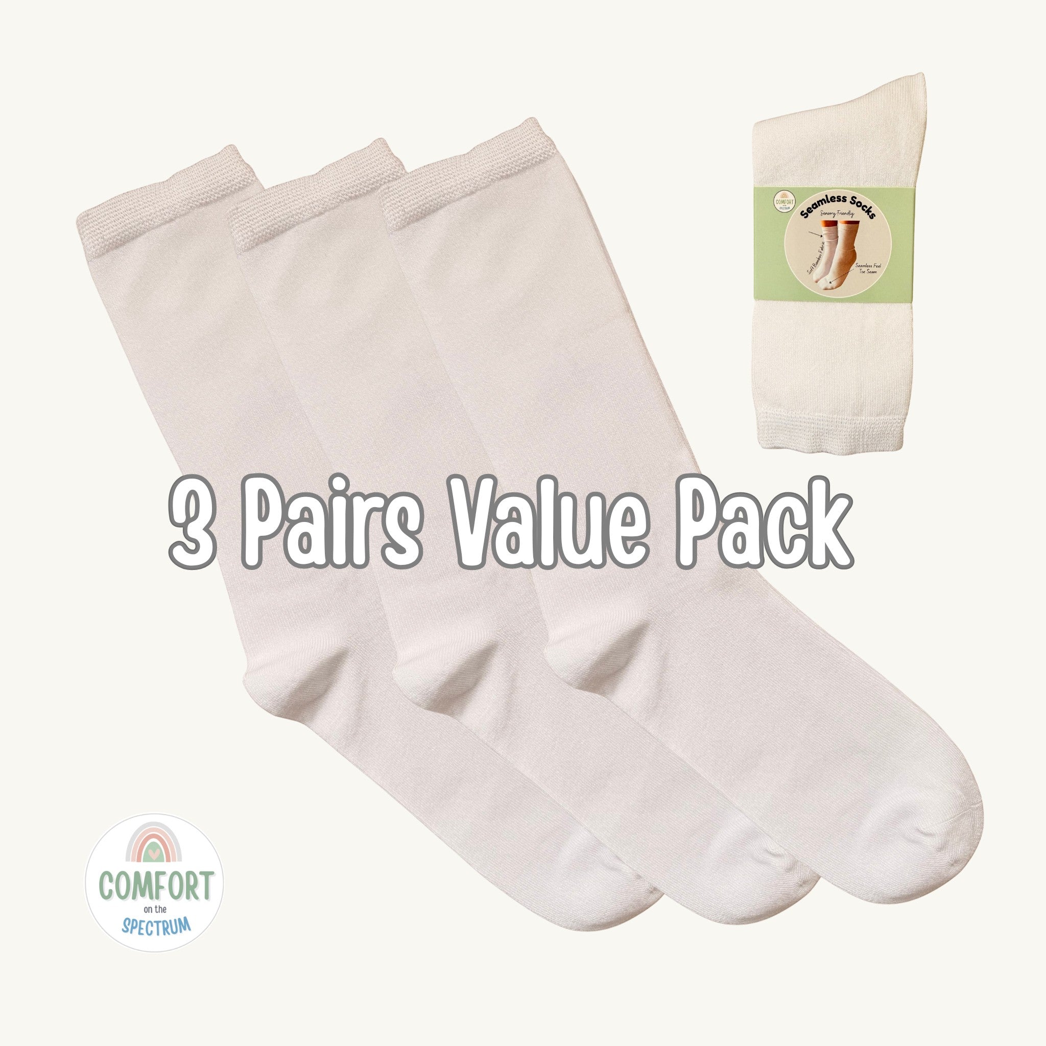 Comfort on the Spectrum white seamless sensory socks for kids, 3 pairs value pack. Bamboo/cotton blend.