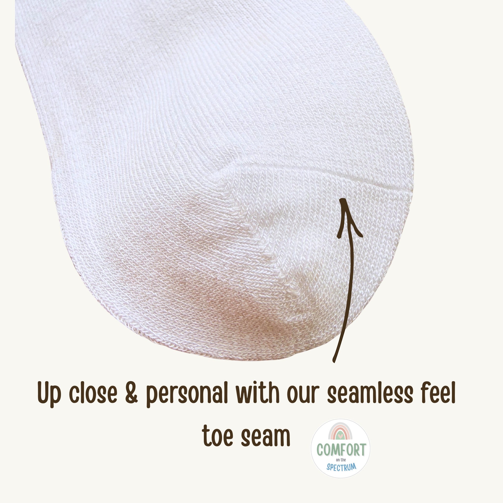 Comfort on the Spectrum white seamless toe seam kids sensory socks made from bamboo/cotton blend.